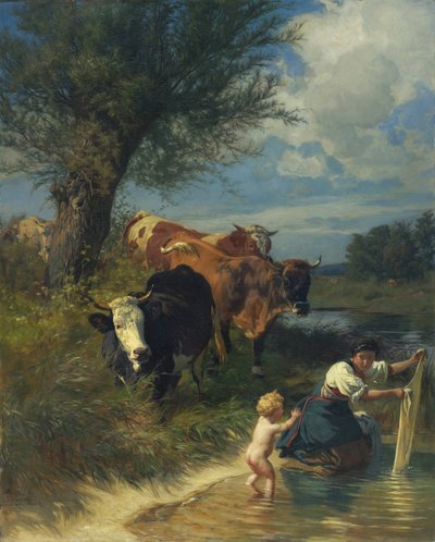 Cows and Washerwoman by the Stream by Rudolf Koller